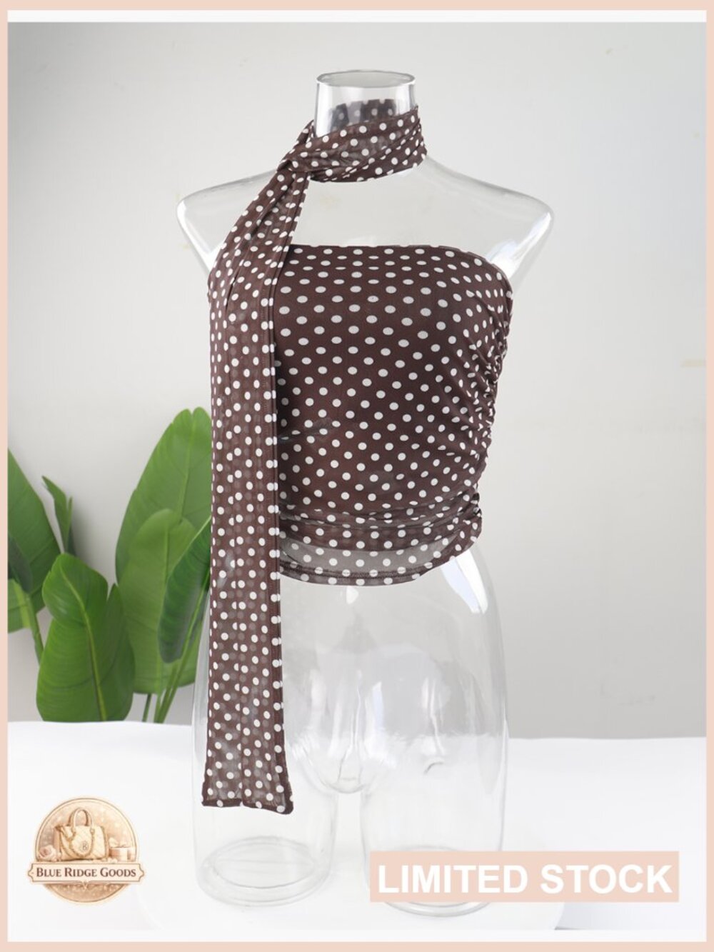 Y2K Polka Dot Mesh Ruched Bandeau Tube Top with Scarf Strapless Crop Tank - Picture 5 of 5